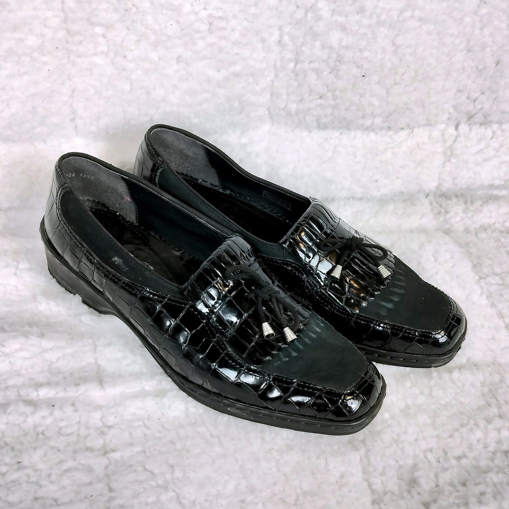 Ara Croc Embossed Leather Tassel Kiltie Wedge Loafers Womens Black